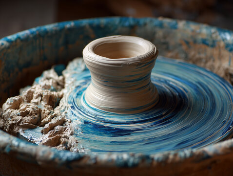 Clay vessel forming on spinning pottery wheel