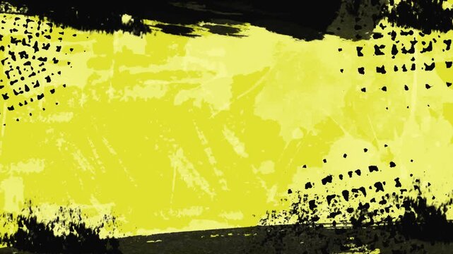 Yellow and black industrial grunge background loop with abstract halftone dot pattern and messy paint texture
