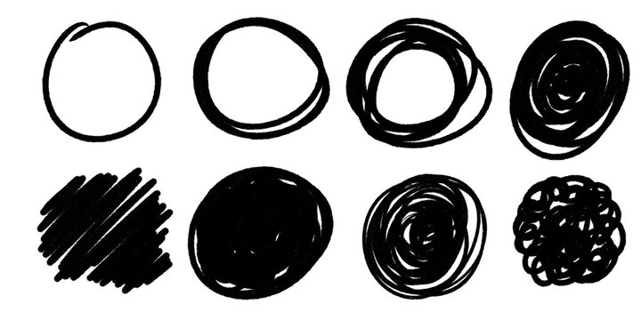 Set of hand drawn black circles and filled scribble shapes with rough marker strokes isolated on transparent background, ideal for highlights, notes and graphic design
