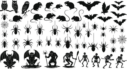 Fototapeta premium Halloween silhouette collection, spooky animal and monster icons, black vector set of spiders bats and skeletons for horror design