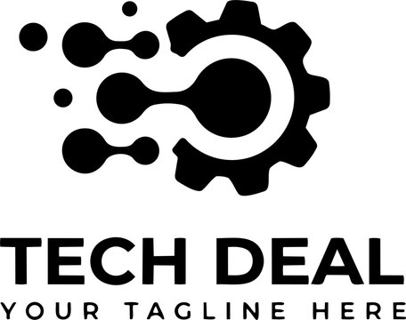 Tech deal logo design featuring a gear cog and digital connection points