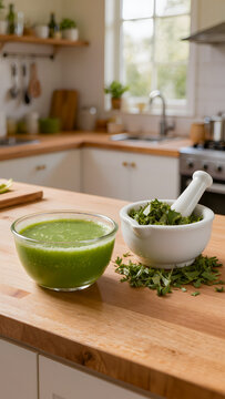 Fresh Green Pandan Leaf Extract Juice and Mortar with Crushed Leaves on Kitchen Counter