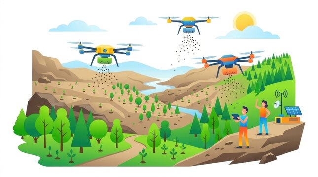 Modern agricultural drones planting seeds for reforestation in a mountain valley with solar technology