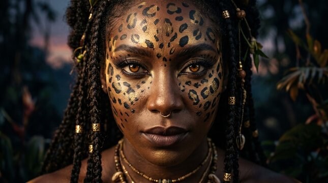 Cinematic close-up portrait of a stunning African woman with golden leopard face paint, intricate braids and tribal jewelry in a jungle