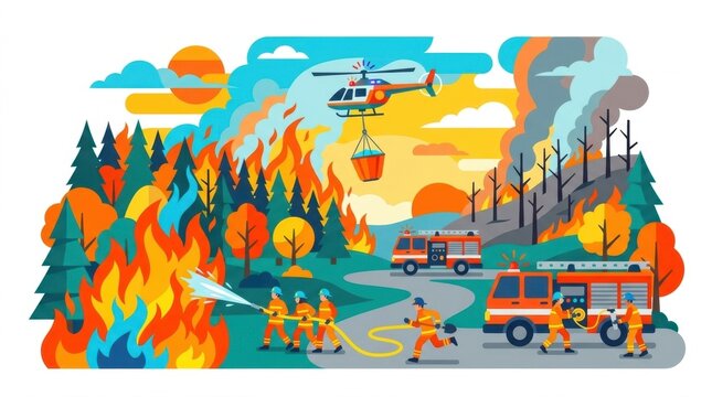 Firefighters and trucks battling forest fire with helicopter dropping water