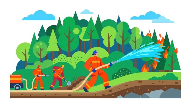 Firefighters extinguishing wildfire in green forest vector illustration with water hose