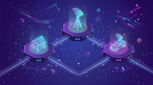 Digital platforms with glowing icons connected in a virtual network