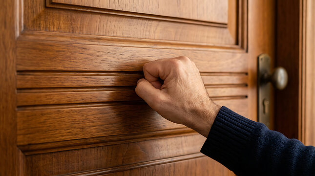 Close up of a hand knocking on a classic wooden door with a knob