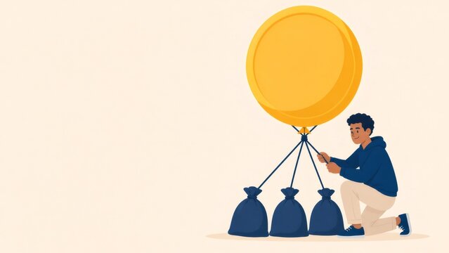 Person managing money balloon tied down by financial burdens, balancing budget and expenses