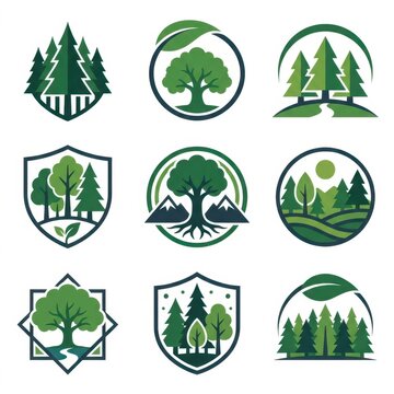Vector collection of forest nature logos with trees mountains and shields for eco branding