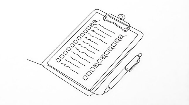 Clipboard with paper list and pen in hand drawn sketch style clipboard checklist stationery document illustration