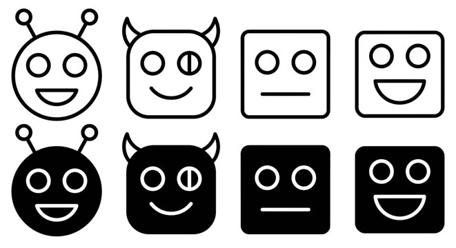 Set of cute cartoon faces with different expressions in black and white
