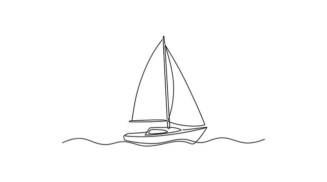 Continuous line drawing of a sailboat sailing on water waves with sailboat nautical minimalist continuous illustration