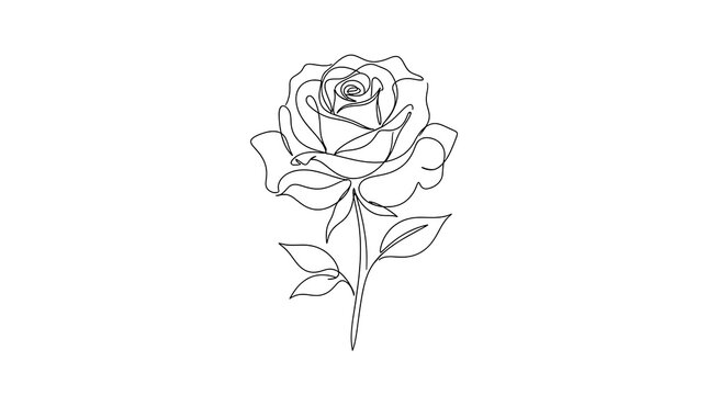 Minimalist continuous line art drawing of a single blooming rose with botanical minimalist continuous romantic