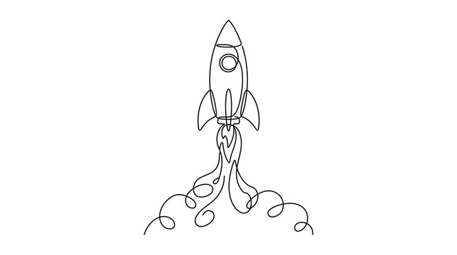Continuous line drawing of a launching rocket with smoke trail continuous minimalist isolated background exploration