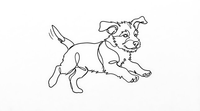 A playful puppy dog jumping and wagging its tail in continuous line art with minimalist continuous illustration
