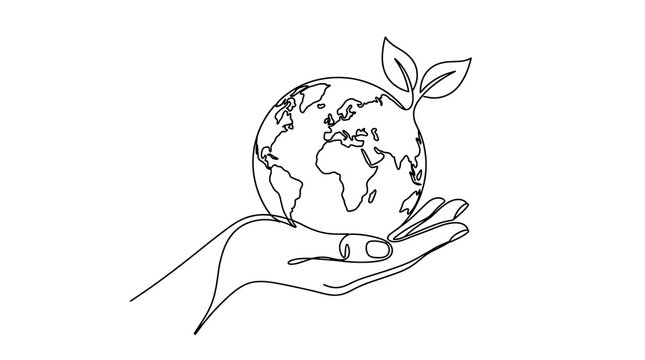 Single line art of a hand holding the planet earth with leaves environment protection minimalist sustainability