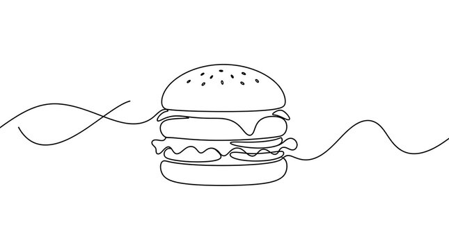 Continuous single line drawing of a delicious cheeseburger with cheeseburger hamburger delicious minimalist continuous