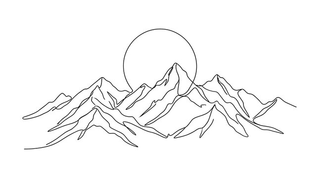 Continuous single line drawing of mountain peaks and a sun with mountains landscape minimalist continuous adventure