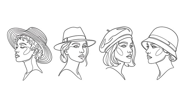 Set of four fashion female portraits with various vintage style hats drawn in minimalist continuous line art