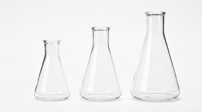 Set of Three Transparent Glass Beakers in Different Sizes for Laboratory Use.