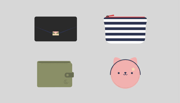 Selection of various wallets and pouches including a formal black clutch striped makeup bag green leather wallet and pink cat face pouch.