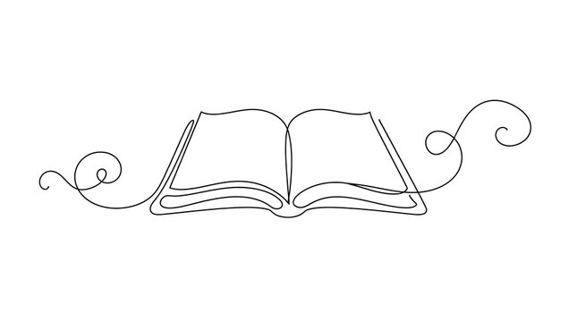 Continuous single line drawing of an open book with education literature knowledge learning minimalist continuous