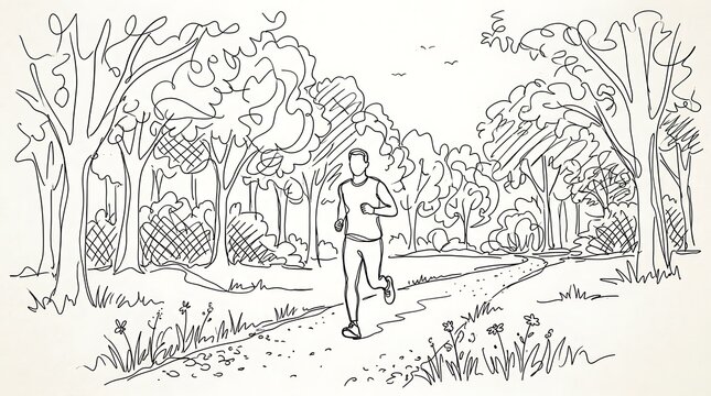 Continuous line drawing of a person running along a path in the park with exercise lifestyle movement training