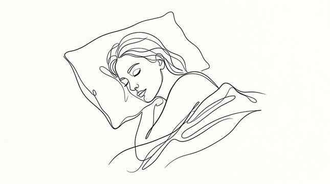 Simple line art drawing of a woman sleeping peacefully on a pillow with sleeping tranquil peaceful illustration