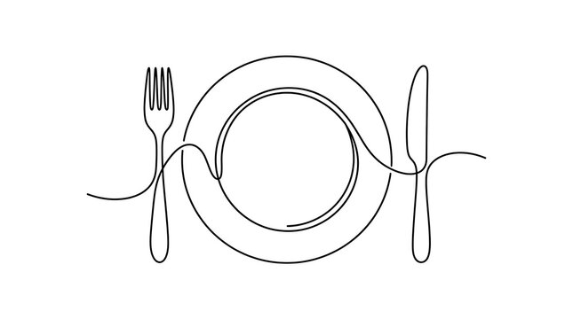 Minimalist continuous line drawing of plate fork and knife with tableware restaurant minimalist continuous kitchenware