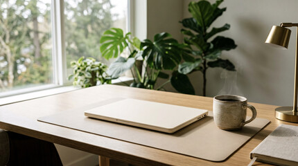 Fototapeta premium Modern Ivory Home Office Setup with Laptop and Ceramic Mug