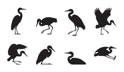 Fototapeta premium Elegant wading bird silhouettes collection featuring storks and herons for coastal and wetland graphics.