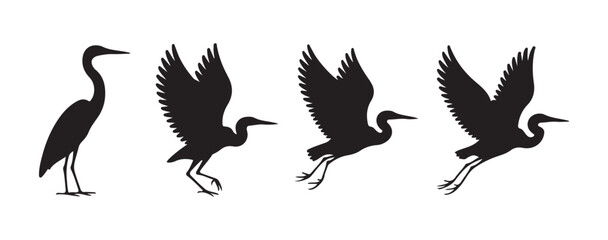 Fototapeta premium Elegant heron bird silhouettes in standing and taking off motion for natural creative graphic design.