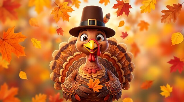 A festive thanksgiving turkey wearing a pilgrim hat amidst a colorful autumn leaf background
