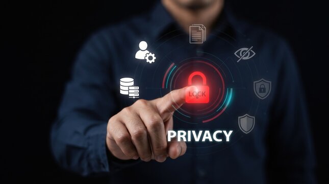 Businessman touching a glowing red padlock icon on a digital interface for cybersecurity and data privacy concept, featuring corporate network protection and secure IT infrastructure.