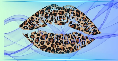 Leopard print lips kiss shape with blue abstract wave background © Saadet