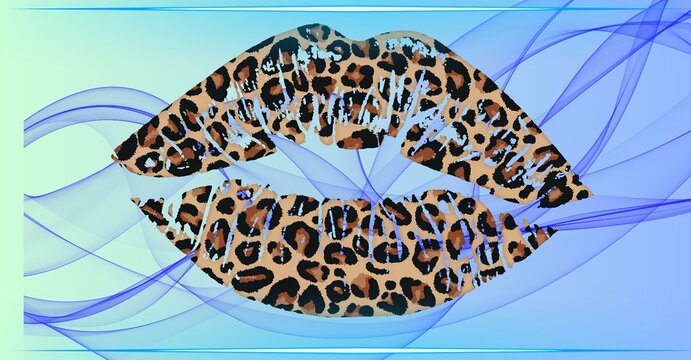 Leopard print lips kiss shape with blue abstract wave background