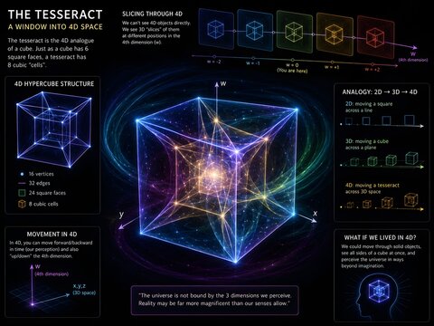 Tesseract 4D hypercube visualization with scientific data and geometric diagrams