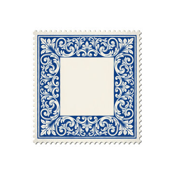 Square postage stamp with ornate blue and white filigree border pattern isolated on a transparent background