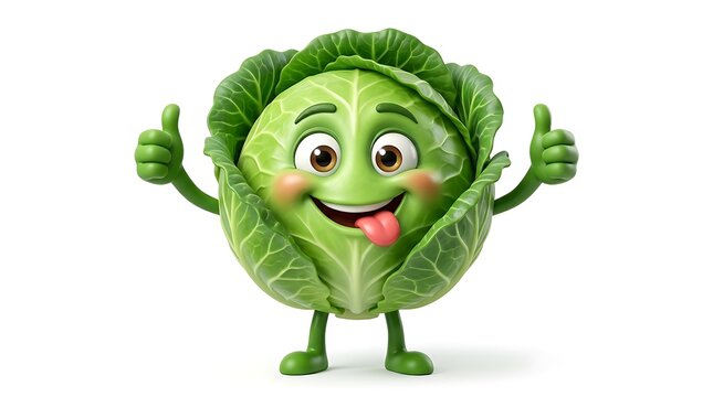 A cheerful cartoon cabbage character expresses positivity with enthusiastic thumbs up gestures and a playful expression