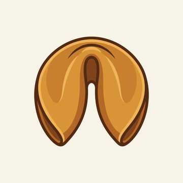 Stylized vector illustration of a golden brown fortune cookie with dark outlines, isolated on a neutral light background, perfect for Chinese food and restaurant branding concepts.