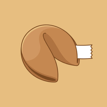 Vector illustration of a golden-brown fortune cookie featuring a white blank paper message slip protruding from the side, isolated on a minimalist solid tan background.