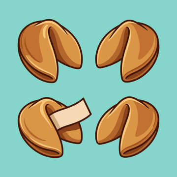 Set of four stylized brown fortune cookies on a solid teal background, including one cookie with a blank paper slip message protruding, vector illustration style.
