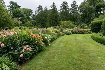 Obraz premium The Garden Path with Blooming Flower Borders and Green Lawn