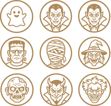 Collection of classic halloween monster silhouettes in circular frames silhouette