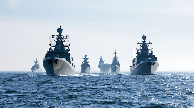 A powerful fleet of grey military naval warships sail in formation across the open ocean, showcasing marine power and strategic strength