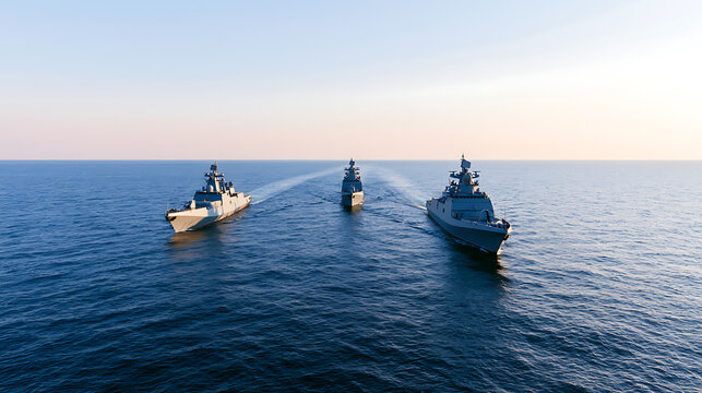 A powerful naval fleet of grey military warships navigate across the open blue ocean during a calm sunset, projecting absolute strength