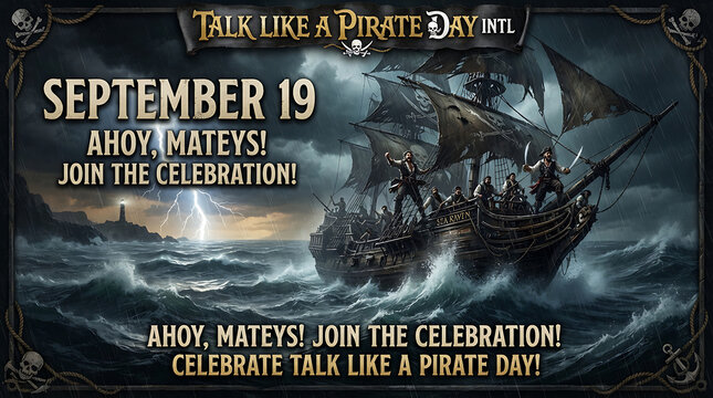  A dark, stormy illustrated poster shows a pirate ship silhouetted on choppy waves beneath lightning, with a lighthouse on a rocky island in the background Talk Like a Pirate Day celebration.