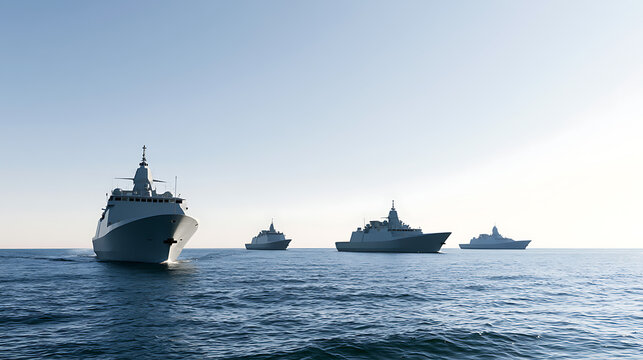 A powerful fleet of modern naval warships and military destroyers sail together across the calm open ocean under a bright morning sunlit sky