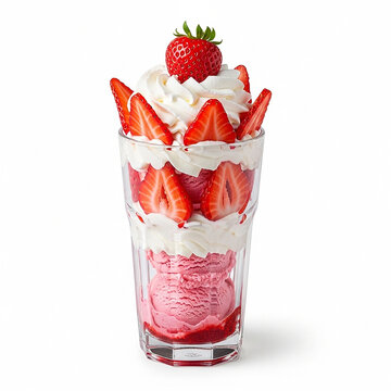 Delicious strawberry sundae with fresh fruit, whipped cream, and pink ice cream scoops in a glass, isolated on white background